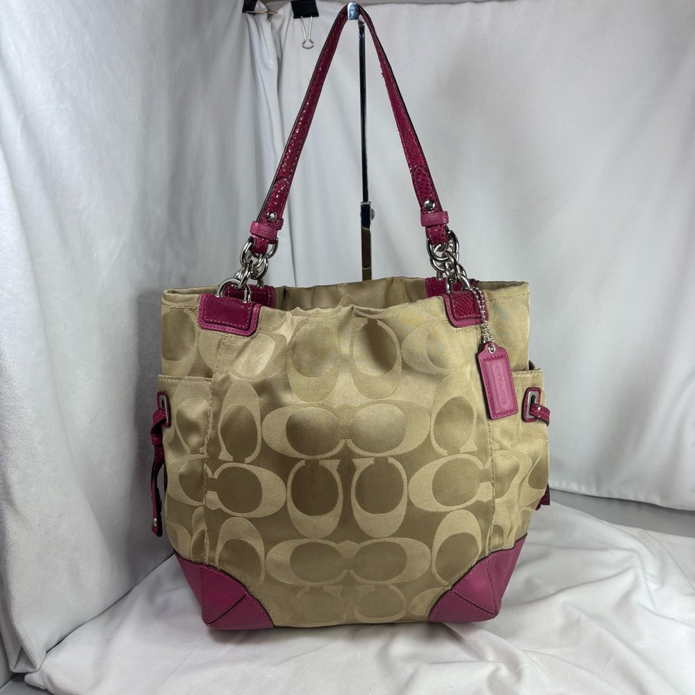 COACH Peyton Signature Khaki/ Fushia Sateen Signature Tote Bag - Picture 2 of 14